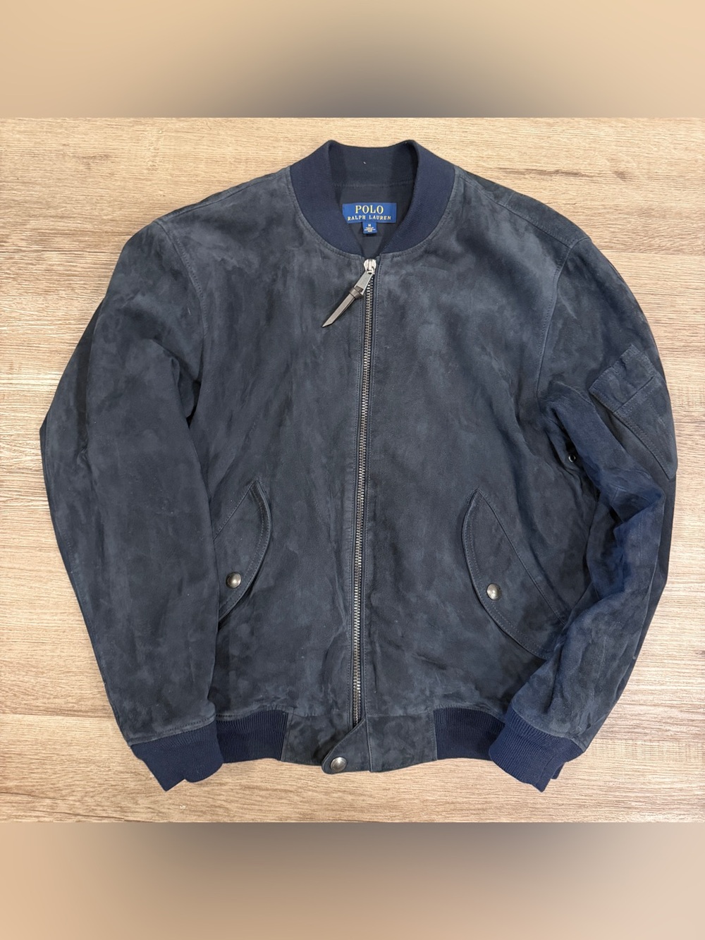 Polo Ralph Lauren Navy Goatskin Suede Leather Bomber Jacket Mens Medium Full Zip